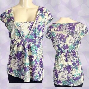 DKNY Jeans Purple Teal Floral Empire Waist Smocked Mesh Blouse  Cap Sleeve M